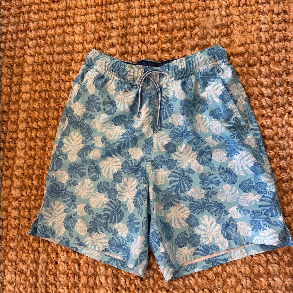 Peter Millar Light Blue & White Tropical Kids Swim Trunks